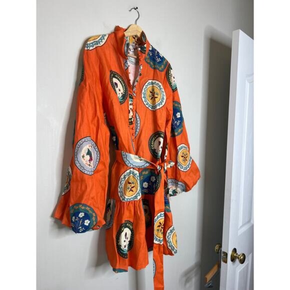 NEW Palm Noosa Austin Linen Long Balloon Sleeve Mini Dress Orange Plates Size:12 - Picture 3 of 7